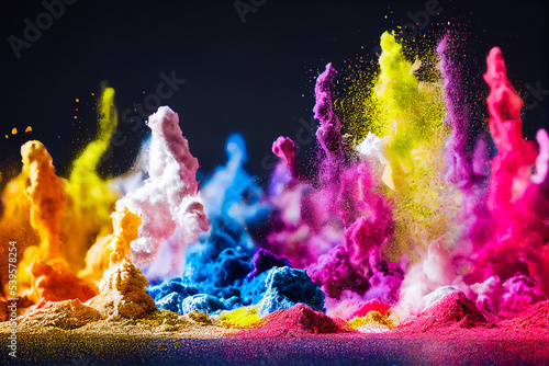 Group of colleagues abstracted in the form of dynamic movement and team of multicolored powder. Illustration 3d.
