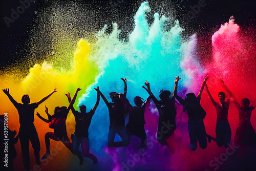 Group of people jumping in the air. Explosion of multicolored powder. Colleague or friend at a party with great joy. Illustration 3d.