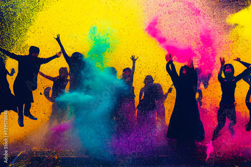 Group of people jumping in the air. Explosion of multicolored powder. Happiness to work as a team. Illustration 3d.