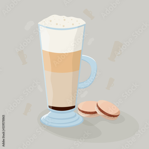 Cup of hot latte with thick latte foam and sweet macarons. Grey background.