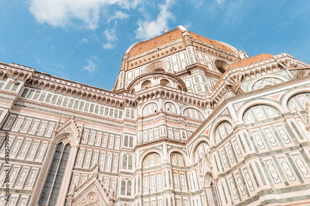 Beautiful amazing architecture Gothic façade of a cathedral in the European city of Firenze, Italy