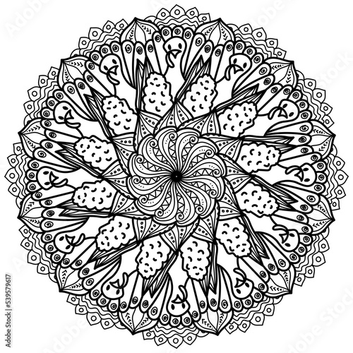 Thanksgiving mandala with turkey and corn, meditative patterned coloring page