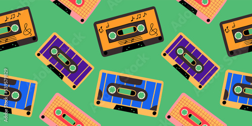 Retro pattern with audio cassettes 80s, 90s. Disco background. Vector illustration in pora style