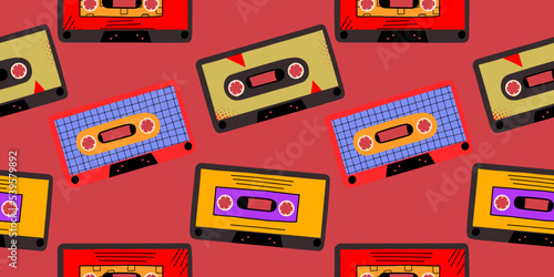Retro pattern with audio cassettes 80s, 90s. Disco background. Vector illustration in pora style