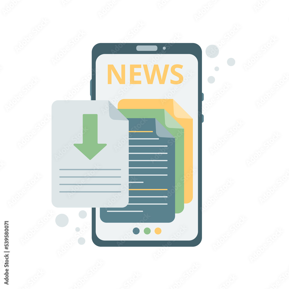 Mobile news app, digital worldwide media. Newspaper with news in smartphone. Vector illustration. Mobile news app, digital worldwide media. Newspaper with news in smartphone. Vector illustration.