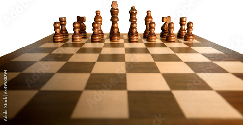 Foto Chess pieces set on a chessboard on White Background