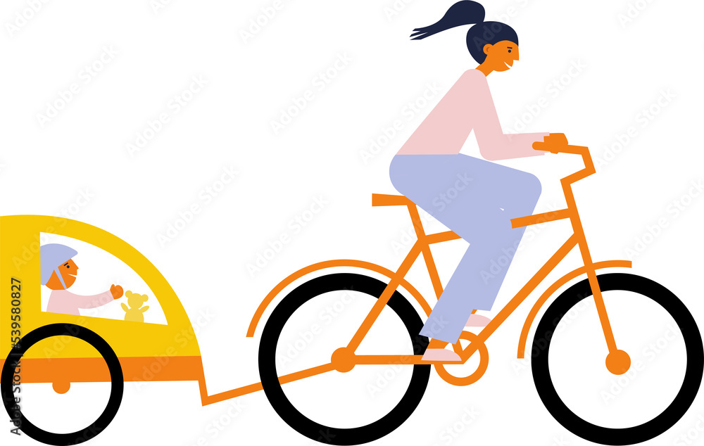 Woman rides bike with her child who sits in a separated child sit. Flat illustration