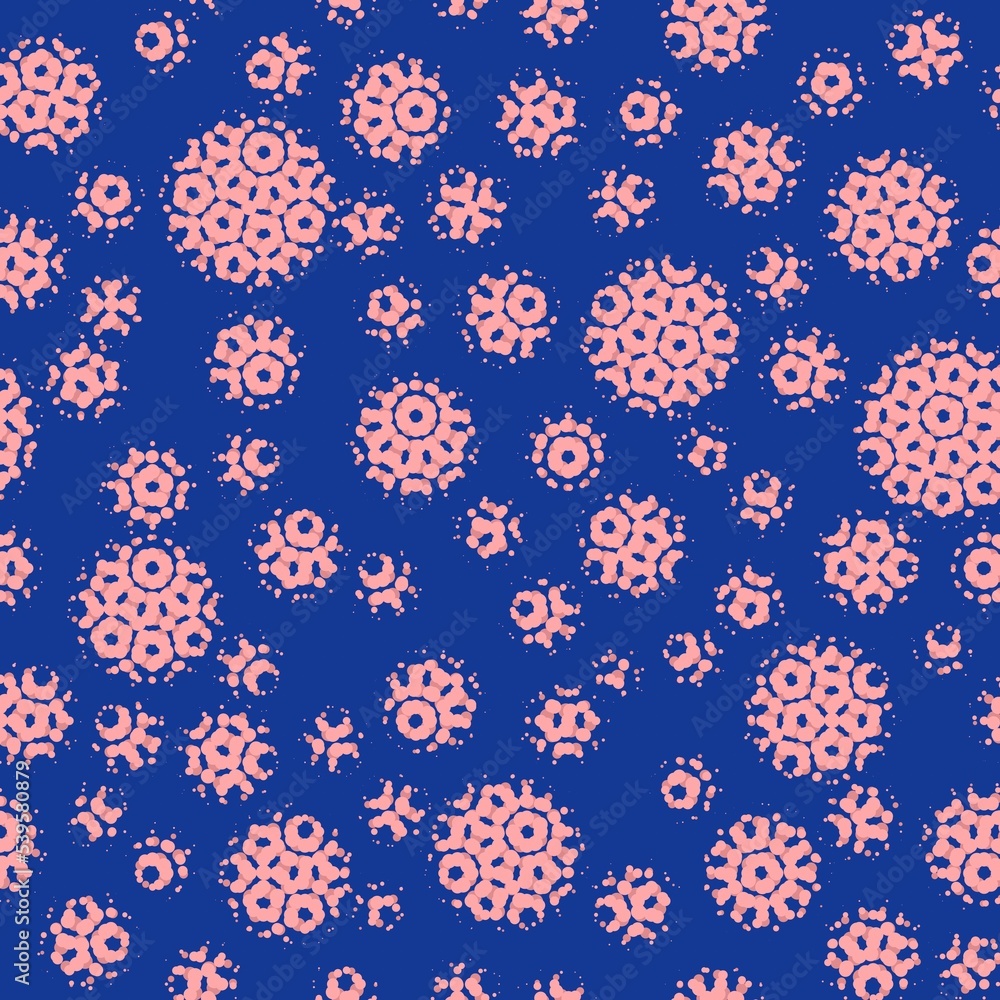 Abstract seamless pattern with textural pink different balls on blue.Illustration of overlapping textural dots pattern for background abstract ornament,flyer,banner,textile,fabric,wrapping paper,print