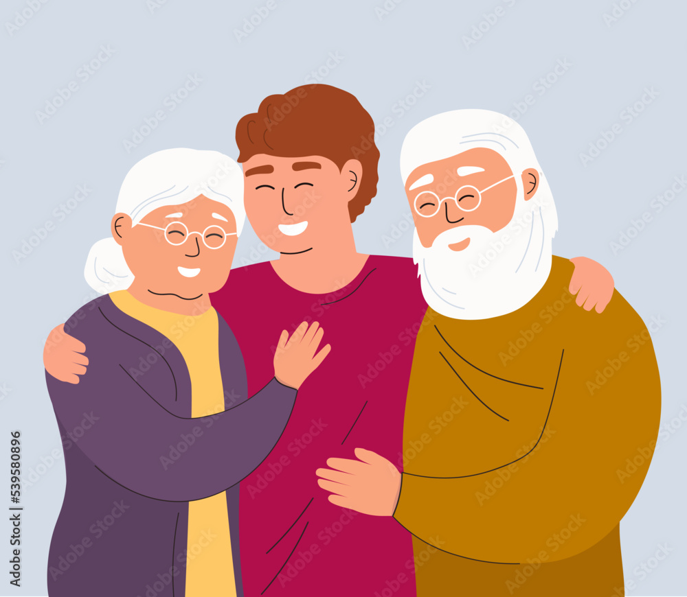 A couple of elderly parents with their son. Happy family hugs. The man supports, helps pensioners. Vector graphics.