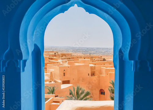 Islamic blue door opening on a landscape of an old city of the Maghreb, north of Africa, 3d illustration