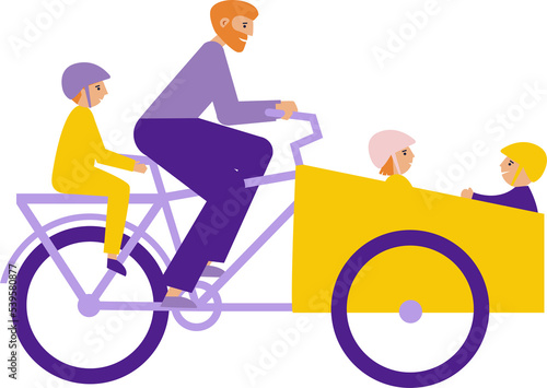 Man riding cargo bike with children. Father carries three children in bakfiets bicycle. Flat illustration photo