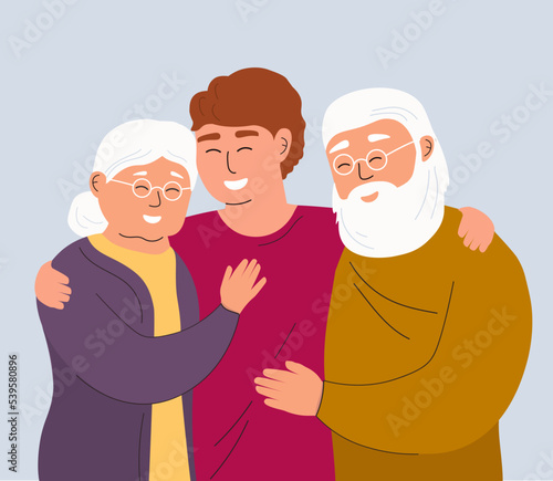 A couple of elderly parents with their son. Happy family hugs. The man supports, helps pensioners. Vector graphics.