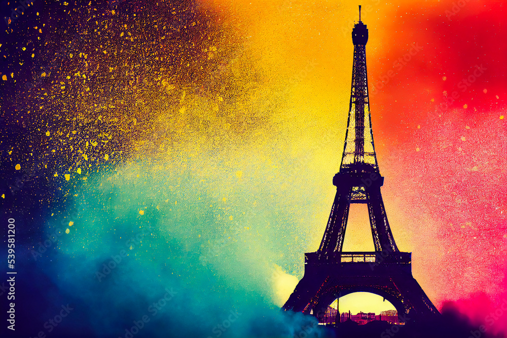 Eiffel Tower in an explosion of multicolored powder. Celebrating an event in Paris, France. Minimalist art and 3d illustration.