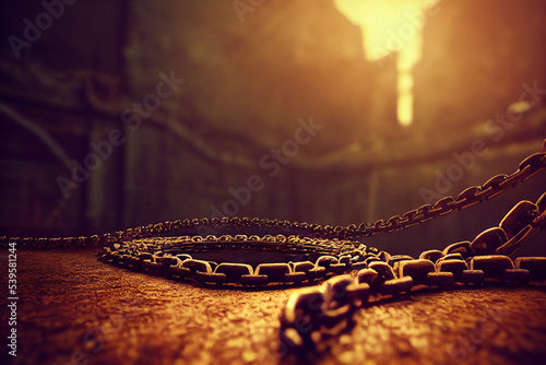 Rusty chain on yellow and gray gloomy background. High quality illustration photo