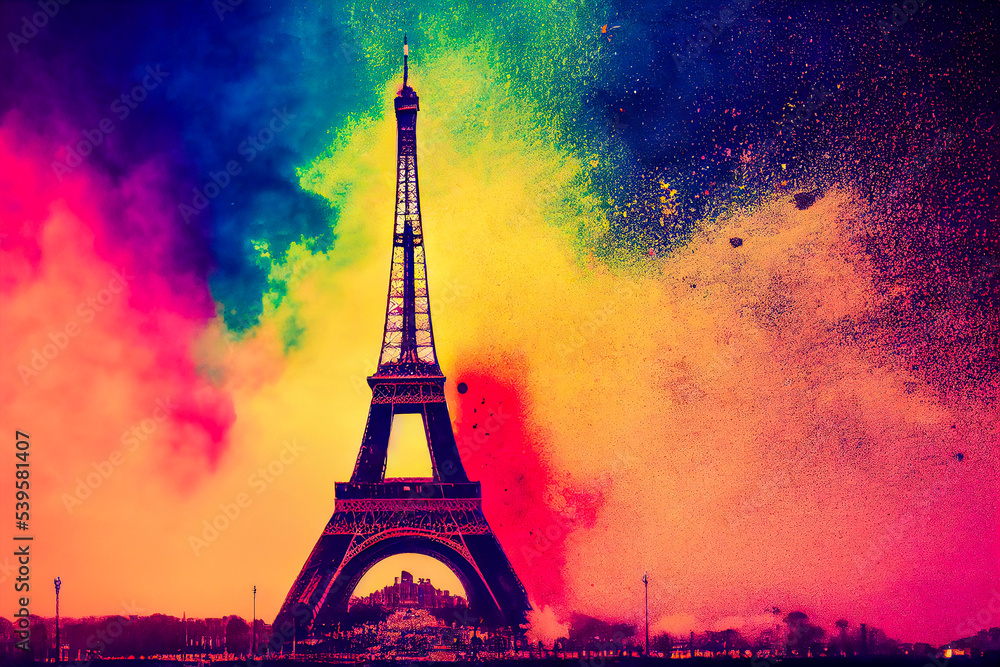 Amazing Eiffel Tower, captured in a scattering of multicolored powder. Illustration 3d.