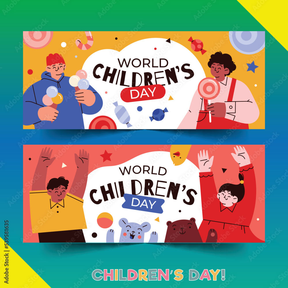 hand drawn flat world children s day horizontal banners set vector design illustration hand drawn flat world children s day horizontal banners set vector design illustration