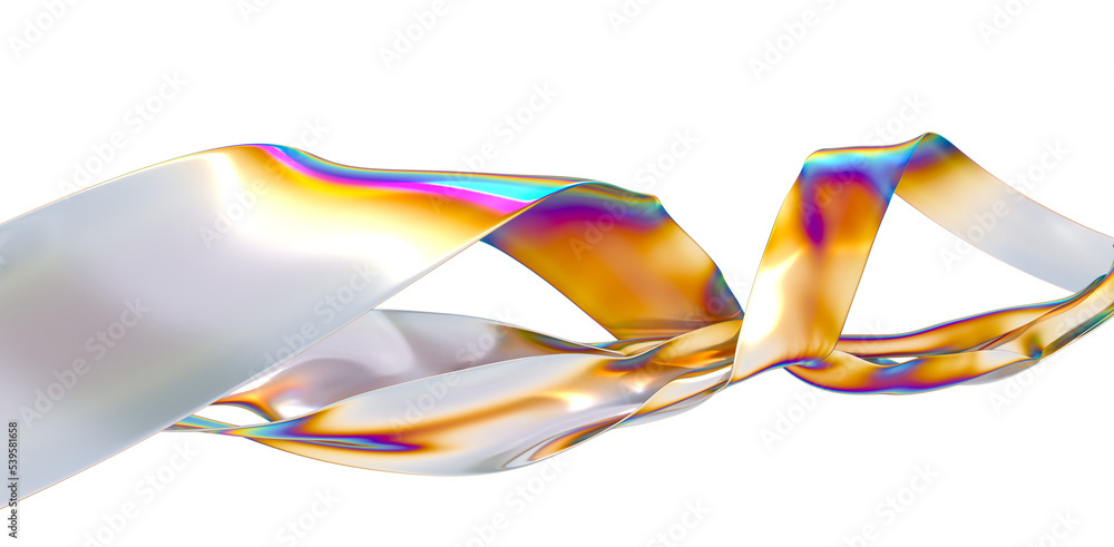 Abstract 3d render. Glass ribbon on water. Holographic shape in motion. Iridescent digital art for banner background, wallpaper. Transparent