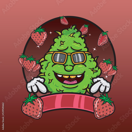 Strawberry Flavor with Weed Mascot Cartoon. Weed Design For Logo, Label and Packaging Product.