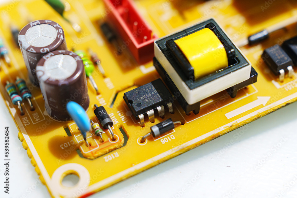 Electrical control board with radio parts. Spare parts and repair of appliances. Stock Photo