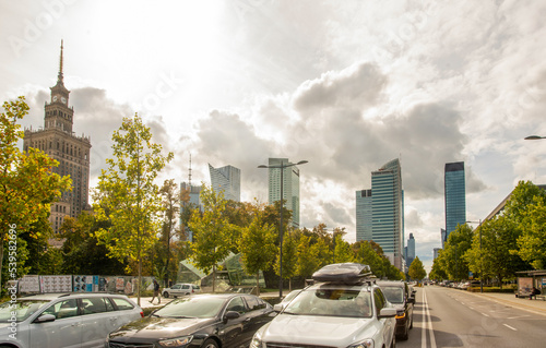 Photography Panorama of Centrum district in Warsaw with amazing trees in September