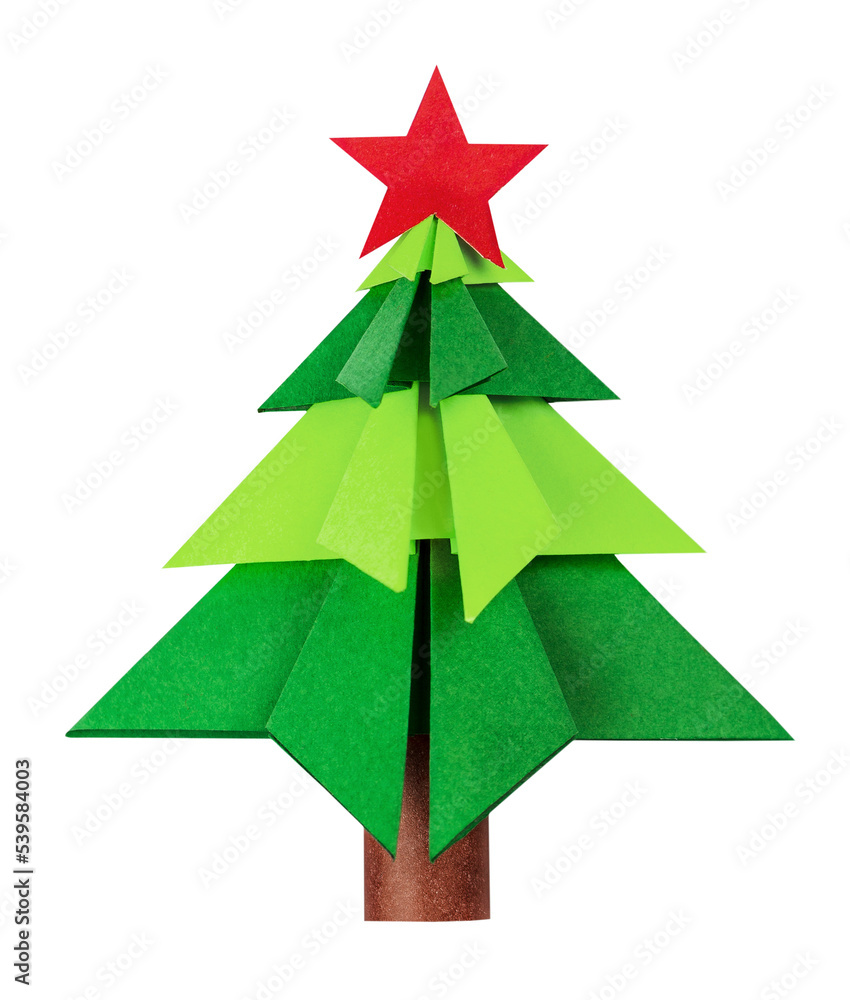 Fototapeta premium Green origami christmas tree isolated on white background