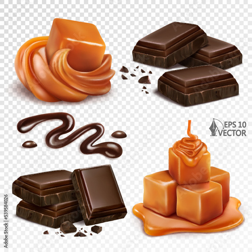 Realistic vector set with chocolate slices and crumbs. Liquid caramel syrup. Toffee cream and candies. 3d illustration