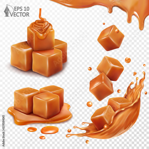 3D realistic vector set of a caramel pieces falling into a crown splash . Melting caramel slice in liquid sauce. Dripping caramel and toffee candies photo