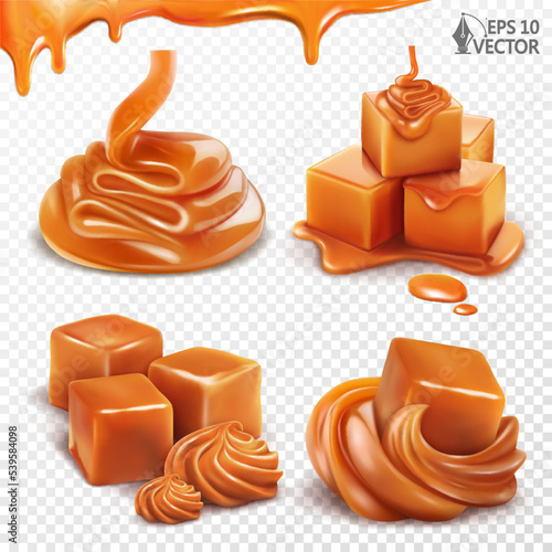 Set with caramel candies covered pouring sweet dessert sauce isolated on white background. Liquid creamy syrup. Toffee cream for decoration. 3D realistic vector illustration