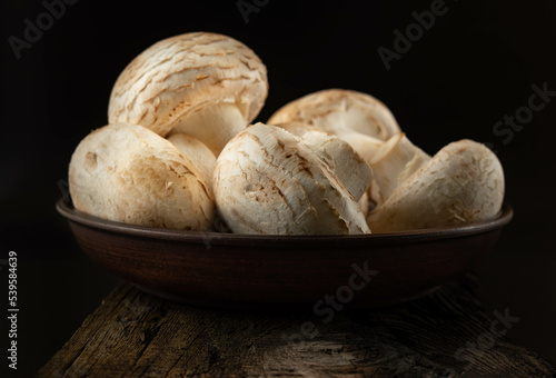 Mushrooms in a plate on a dark background.
