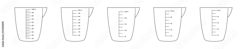 Set of measuring cups with 1 liter, 500, 250, 100 and 50 ml fluid volume scale. Liquid containers for preparing cooking. Vector outline illustration. Set of measuring cups with 1 liter, 500, 250, 100 and 50 ml fluid volume scale. Liquid containers for preparing cooking. Vector outline illustration.