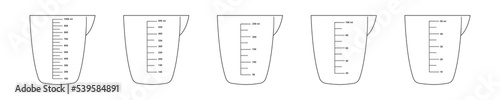 Set of measuring cups with 1 liter, 500, 250, 100 and 50 ml fluid volume scale. Liquid containers for preparing cooking. Vector outline illustration.