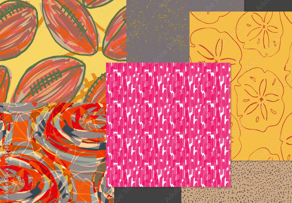 Seamless Pattern Set with Hand Drawn Floral Elements Stock Template ...