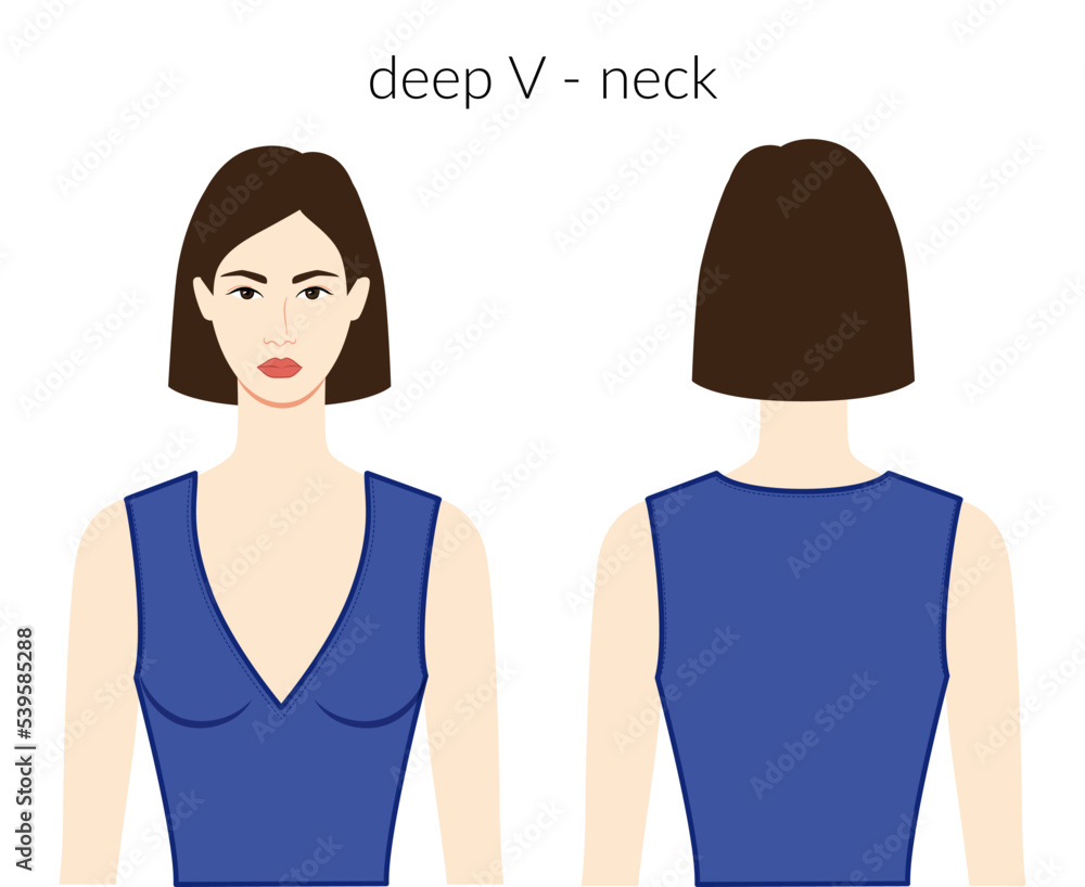 Deep V - neckline clothes character beautiful lady in blue top, shirt, dress technical fashion illustration with fitted body. Flat apparel template front, back sides. Women, men unisex CAD mockup Deep V - neckline clothes character beautiful lady in blue top, shirt, dress technical fashion illustration with fitted body. Flat apparel template front, back sides. Women, men unisex CAD mockup