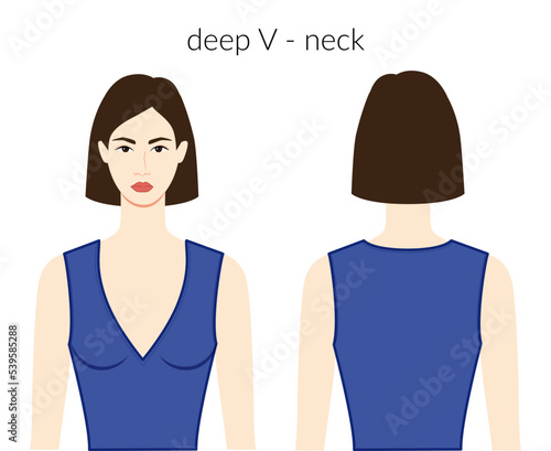 Deep V - neckline clothes character beautiful lady in blue top, shirt, dress technical fashion illustration with fitted body. Flat apparel template front, back sides. Women, men unisex CAD mockup