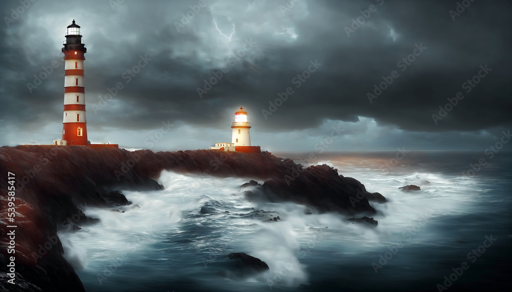 Lighthouse On A Rocky Shore In a Storm - Lightning Striking over the coastline.