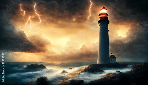 Lighthouse On A Rocky Shore In a Storm - Lightning Striking over the coastline.