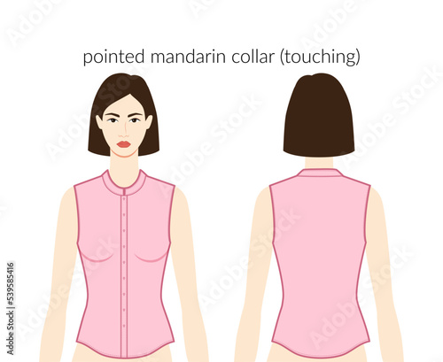 Pointed mandarin collar touching neckline, plackets clothes character in pink top, dress technical fashion illustration with fitted body. Flat apparel template front, back sides. Women, men unisex CAD