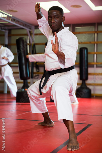 African-american man in kimono standing in fight stance during group karate training.