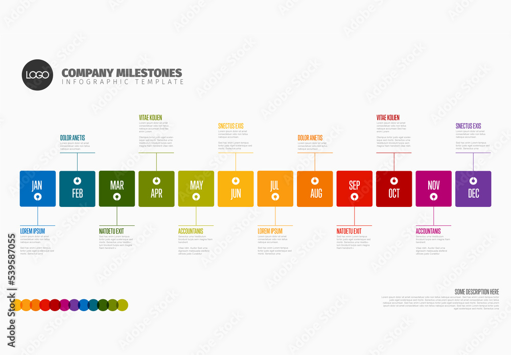Full Year Timeline Layout with 12 Month Labels Made from Rainbow