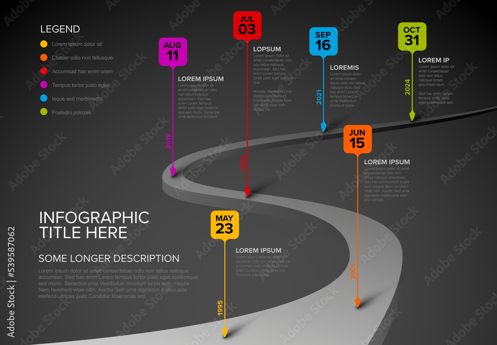 Dark Infographic Road Timeline Layout with Droplet Pointers Stock ...