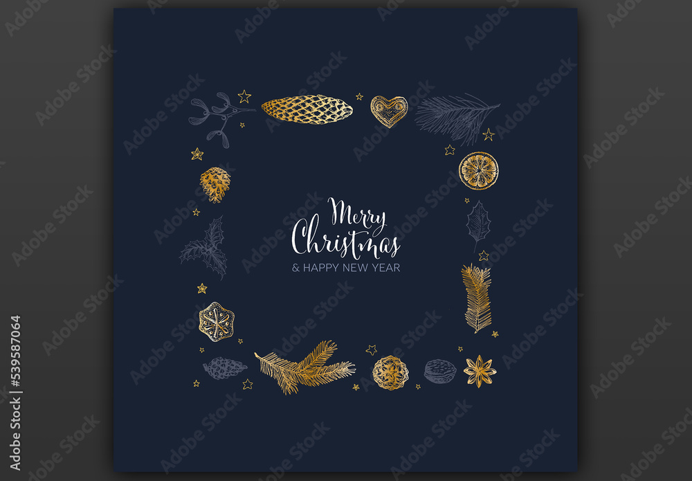 Vector Dark Blue Vintage Hand Drawn Christmas Card with Golden Square ...