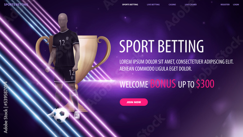 Sports betting, purple banner with diagonal pink and blue line neon lamps, soccer player and champion cup
