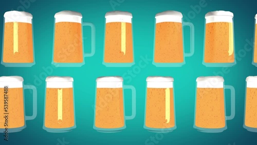 Multiple refreshing beer drinks rotating in the blue background. Lots of refreshing alcoholic drinks floating in the bright background. Refreshing drinks spinning in the azzure background. photo