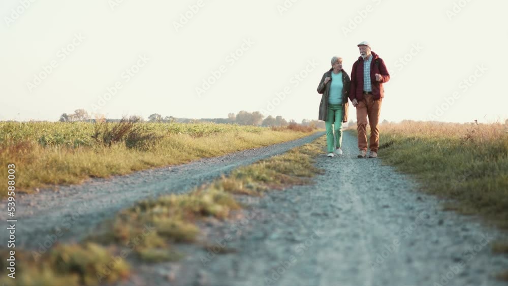 Senior couple walking in a field in autumn
Senior couple walking in a field in autumn