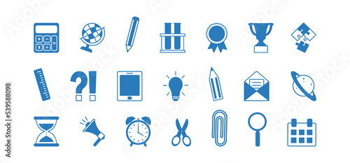 School vector icon, education set, stationery pictogram, office supplies, business sign solated on white background. Stationery illustration