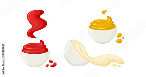 Sauce bowl vector icon. Ketchup, mayonnaise, mustard solated on white background. Food illustration