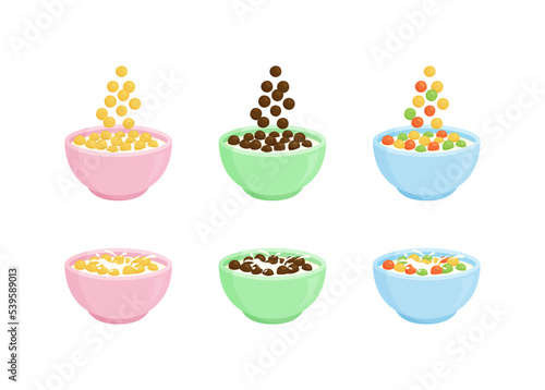 Cereal breakfast with milk bowl, cornflakes and oat vector icon isolated on white background. Cartoon food illustration
