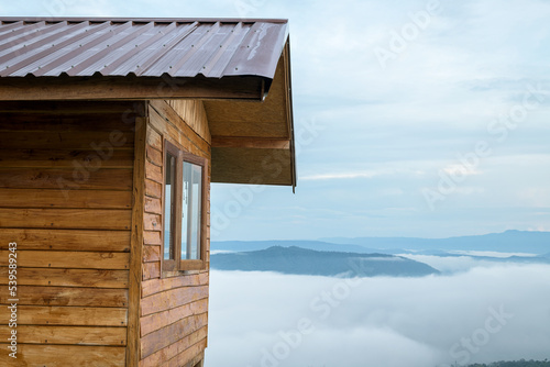 House with foggy weather. This plateau located in Loei district of Thailand.