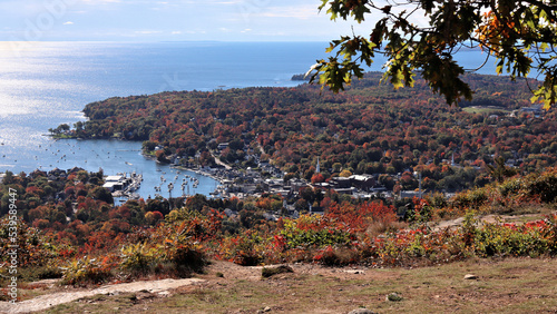 A view from above of the town of Camden, Maine, in a clear October morning photo