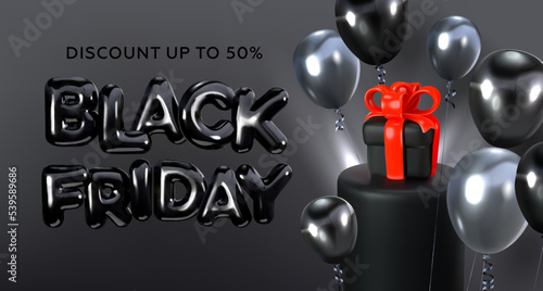 Black Friday. Banner with a podium for whom there is a gift and growing balloons. Discount or sale. Vector graphics